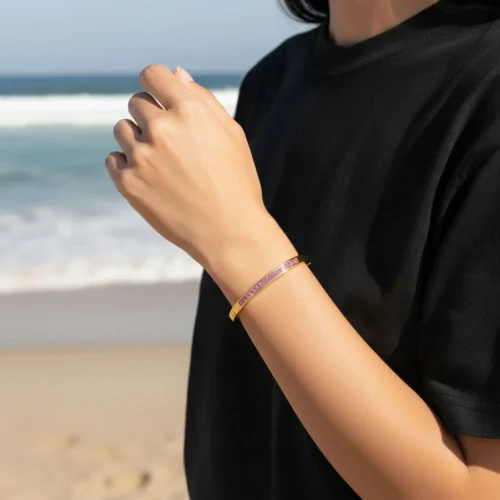 Pulsera De Acero Rígida Rosa Pavé