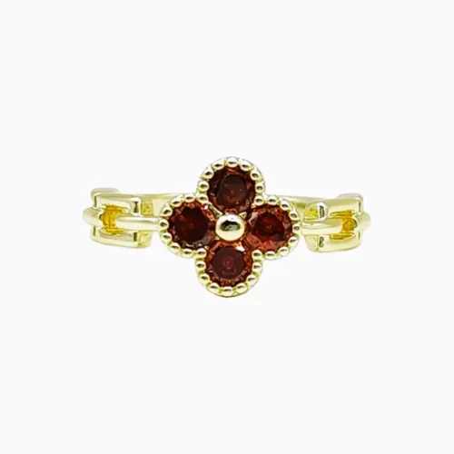 Anillo De Oro Trébol Rojo Ajustable