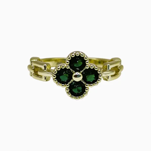 Anillo De Oro Trébol Verde Ajustable