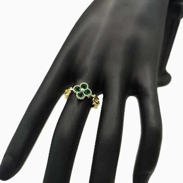 Anillo De Oro Trébol Verde Ajustable