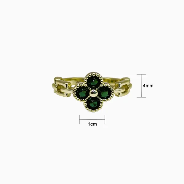 Anillo De Oro Trébol Verde Ajustable
