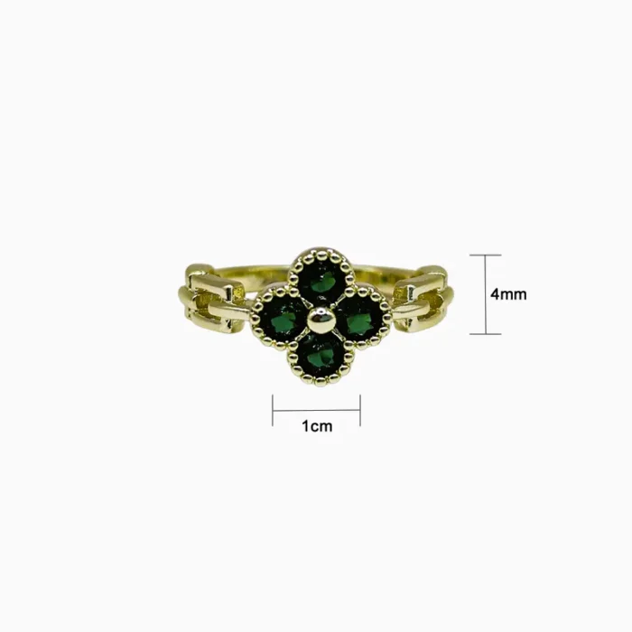 Anillo De Oro Trébol Verde Ajustable