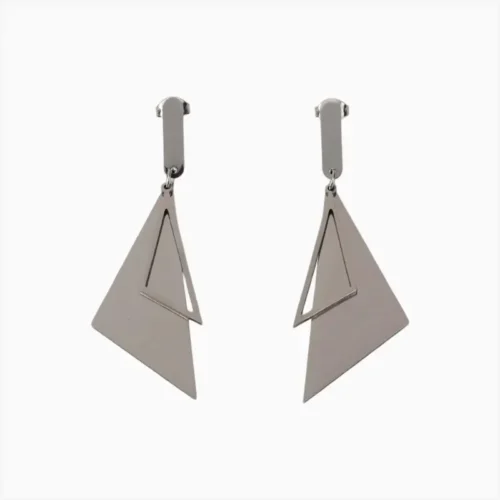 Aretes Largos De Acero Triángulo Plateado