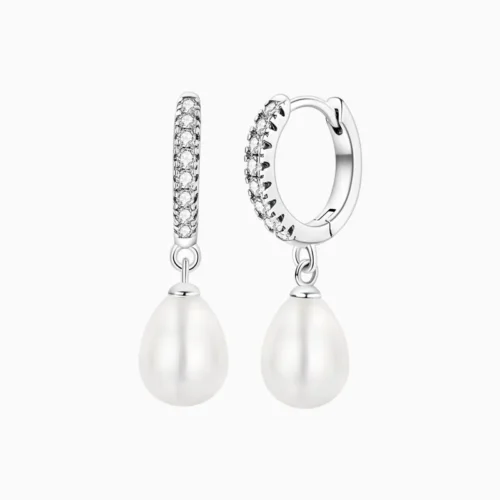 Aretes Huggies De Plata Perla Colgante