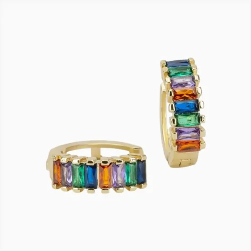 Aretes Huggies De Oro Piedra Multicolor