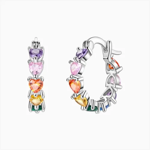 Aretes Huggies De Plata Corazones Multicolor