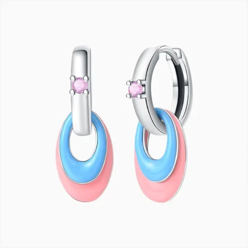 Aretes Huggies De Plata Óvalos Rosa Y Azul