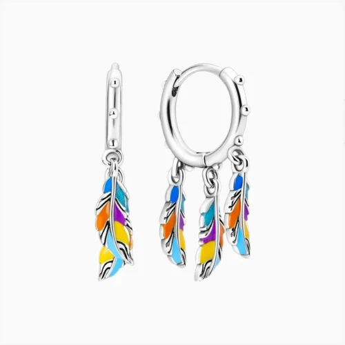 Aretes Huggies De Plata Plumas Multicolor