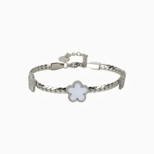 Pulsera De Acero Flores Blancas Plateado
