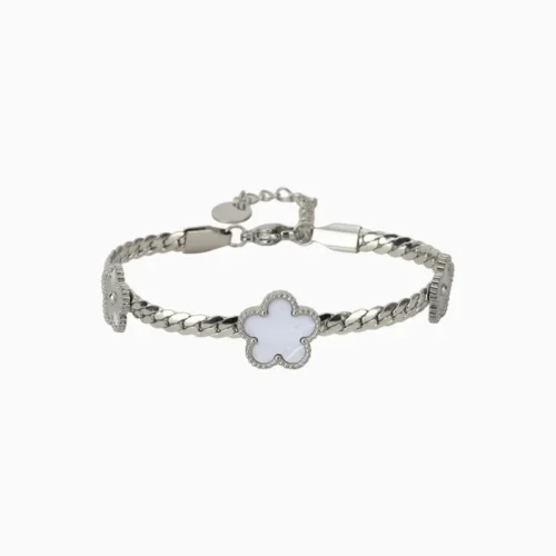 Pulsera De Acero Flores Blancas Plateado