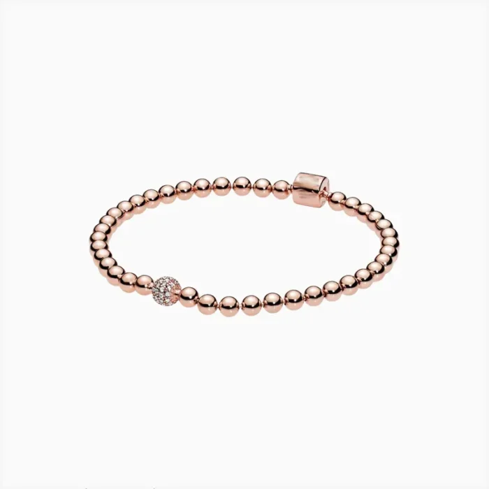 Pulsera De Plata Cuentas Y Pavé Rosa